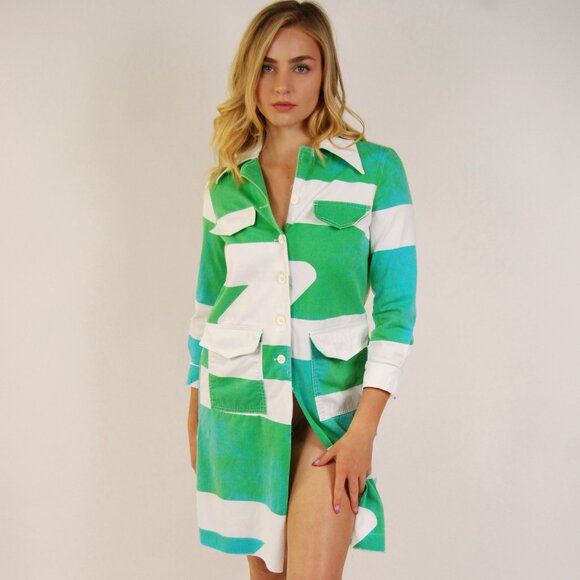 60s Abstract Striped Dress (M) green white button up coat midi medium vintage - Picture 1 of 8